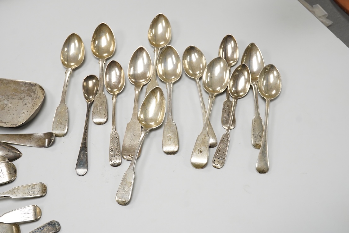 A small quantity of assorted mainly 19th century silver flatware including table spoons and teaspoons, various dates, patterns and makers, together with a silver crumb scoop(lacking handle), five 19th century Russian 94